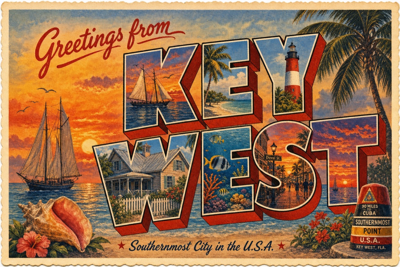 Greetings from Key West — painted vintage postcard